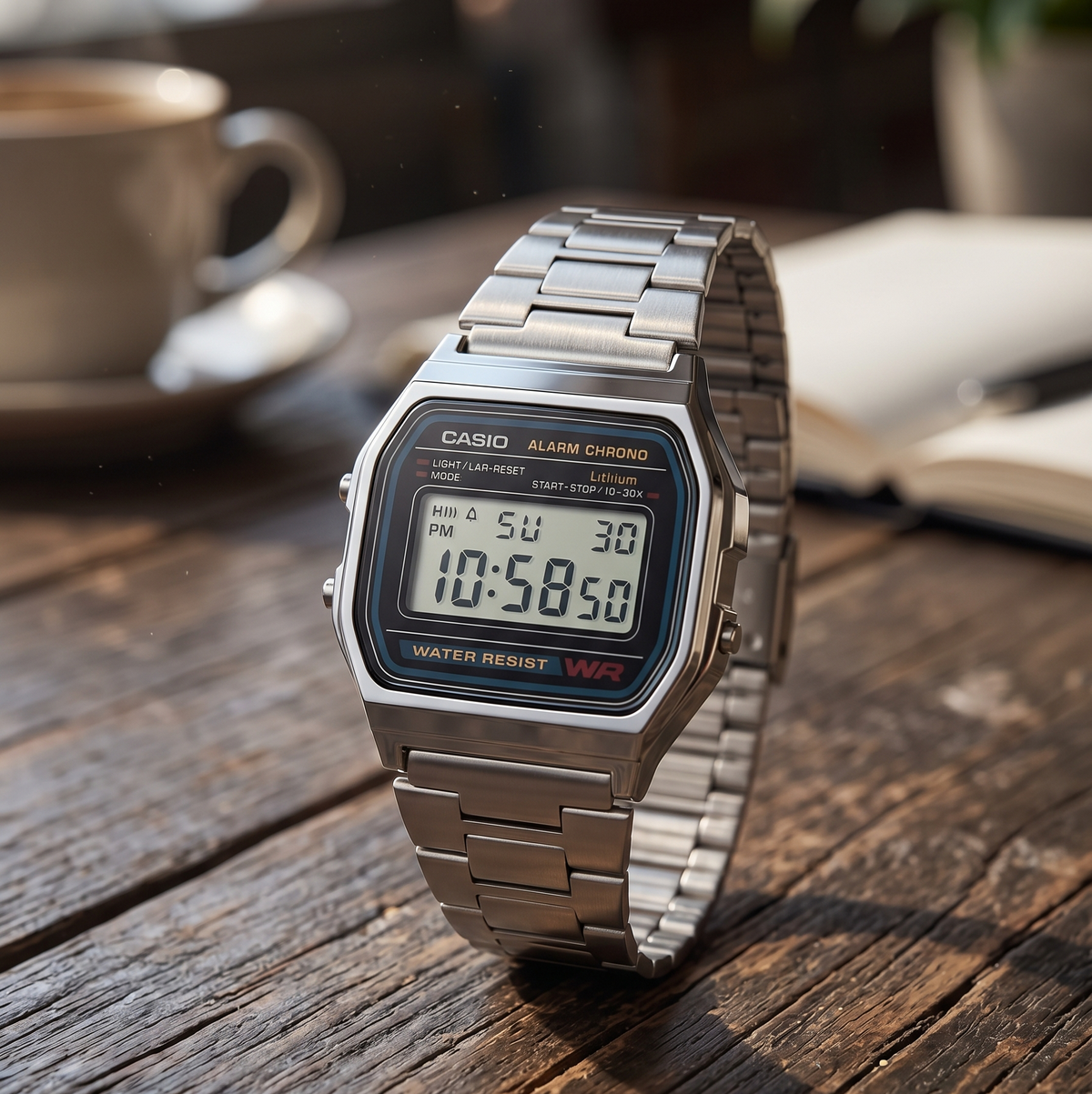 A silver metal Casio digital wristwatch with a rectangular face and integrated metal band, standing on a rustic wooden tabletop with a blurred coffee cup and notebook in the background.