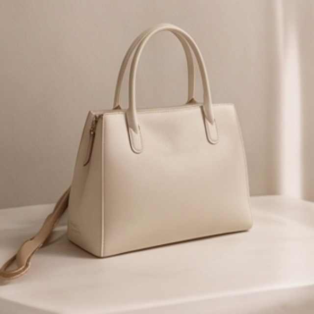 A structured cream-colored faux leather handbag with double top handles and a matching shoulder strap, resting on a white surface against a neutral beige background.