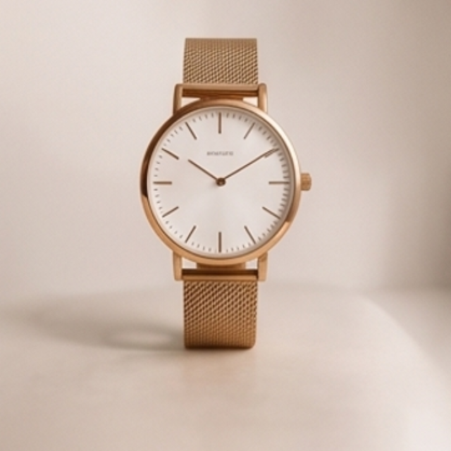A minimalist wristwatch with a rose gold-tone case and mesh strap, featuring a clean white dial with slim rose gold-tone hands and indices, set against a soft beige background.
