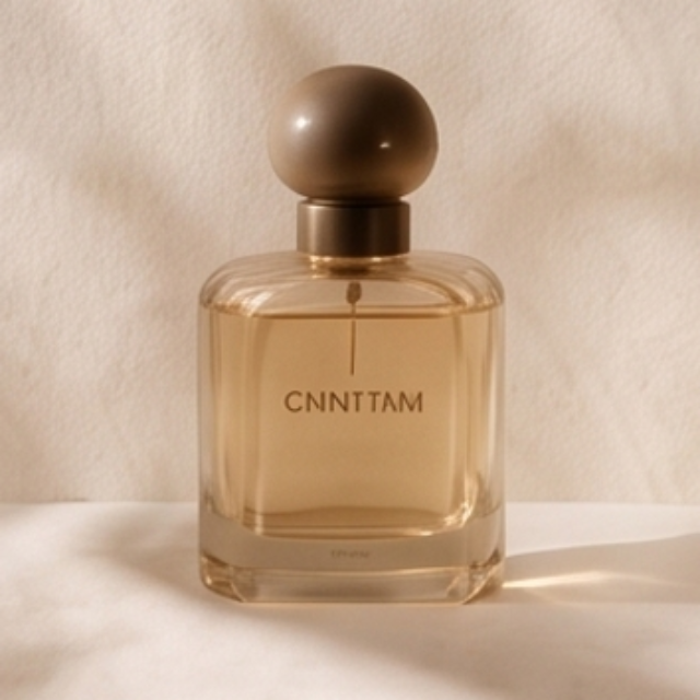A clear glass perfume bottle with a spherical metallic cap, filled with warm amber liquid and labeled CNNTTAM, set against a softly textured beige background.