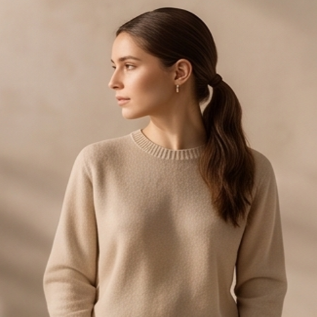 A woman with dark brown hair in a low ponytail is shown in profile wearing a light beige crewneck knit sweater against a soft beige background.