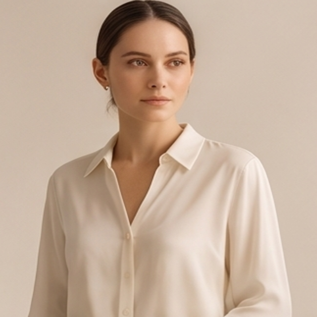 A woman wearing a cream-colored long-sleeve button-down shirt, photographed against a solid, warm beige background.