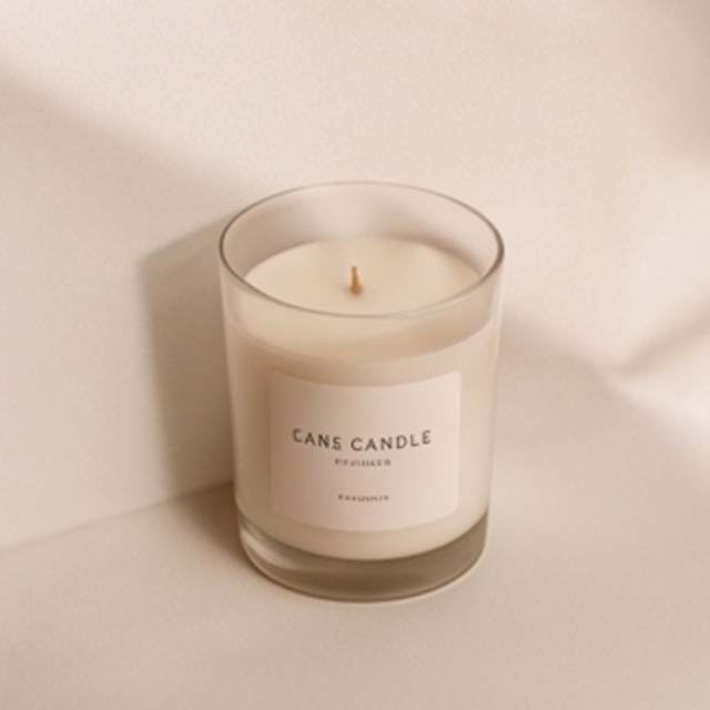 A lit candle in a clear glass jar with a cream-colored label reading 'CANS CANDLE EST. 2024' and 'PRAIRIE', set against a warm beige background with soft shadows.