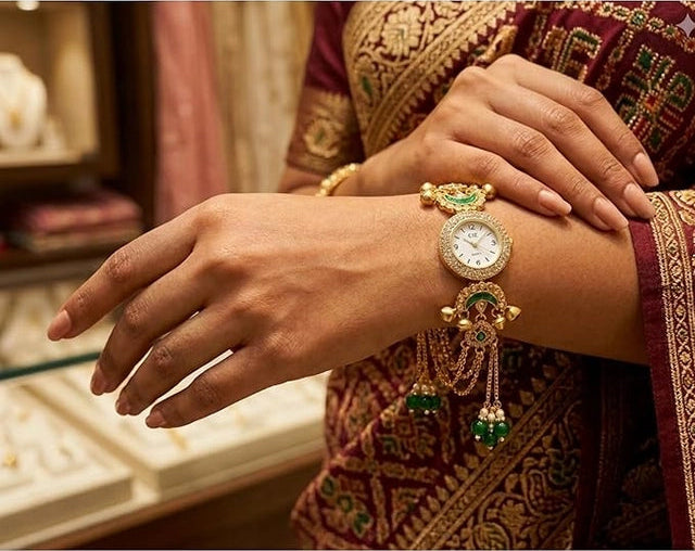 A close-up lifestyle shot of a woman wearing a gold-plated wrist watch with green stone accents and dangling green bead chains, paired with a traditional maroon and gold saree.