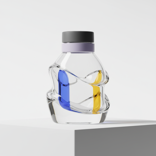 Sculptural glass water bottle with silicone sleeve